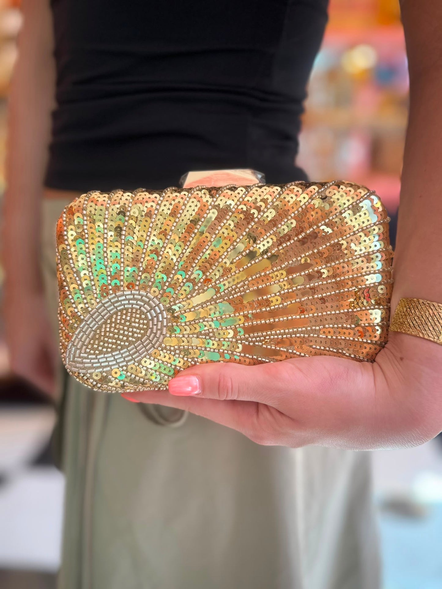 Denna Gold Sequin Clutch Bag