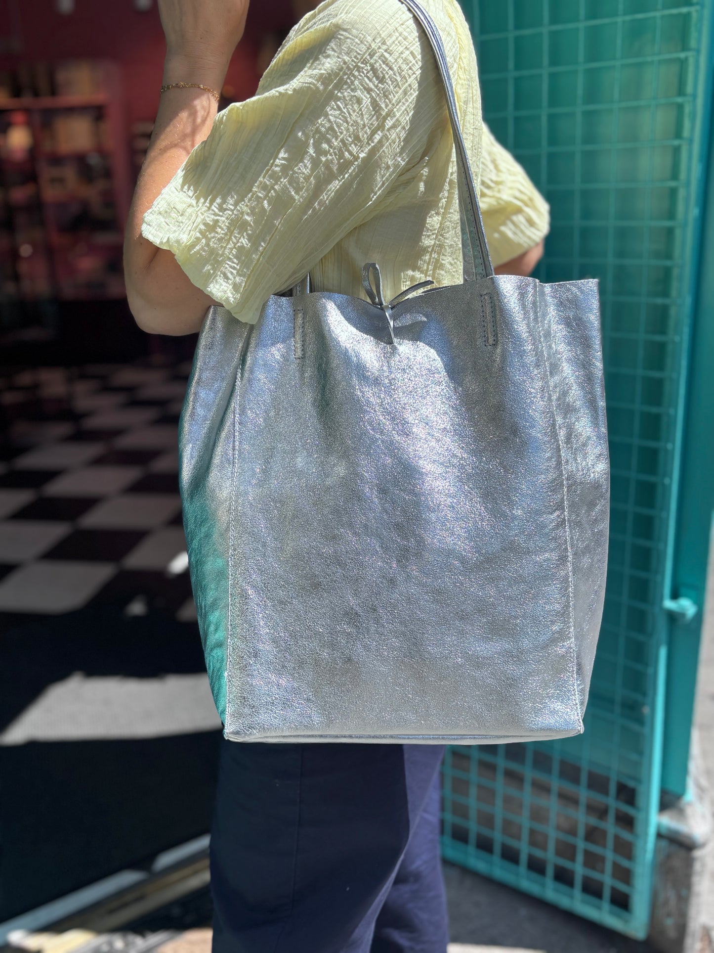 Babila Leather Tote Bag, Silver