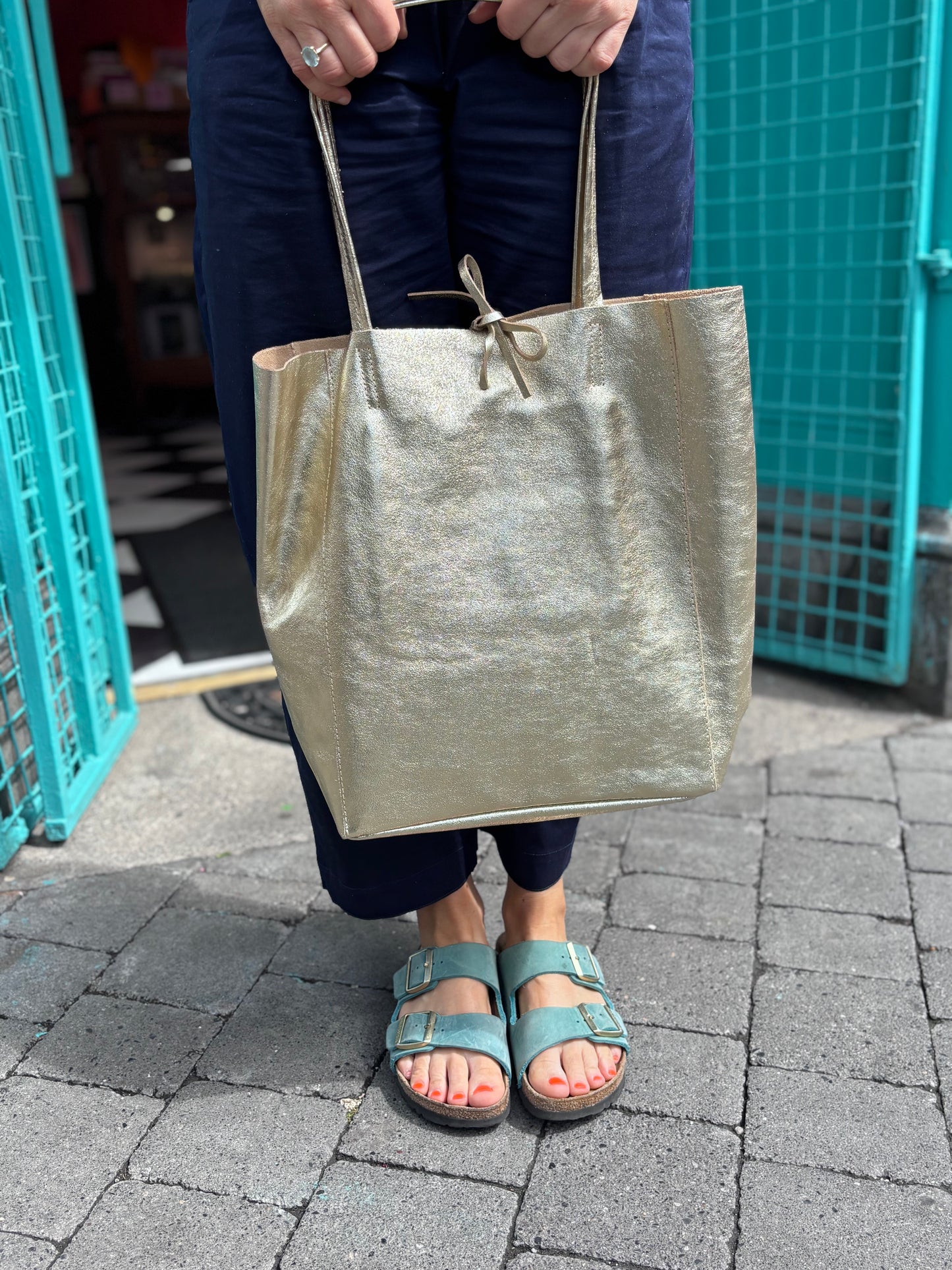 Babila Leather Tote Bag, Gold