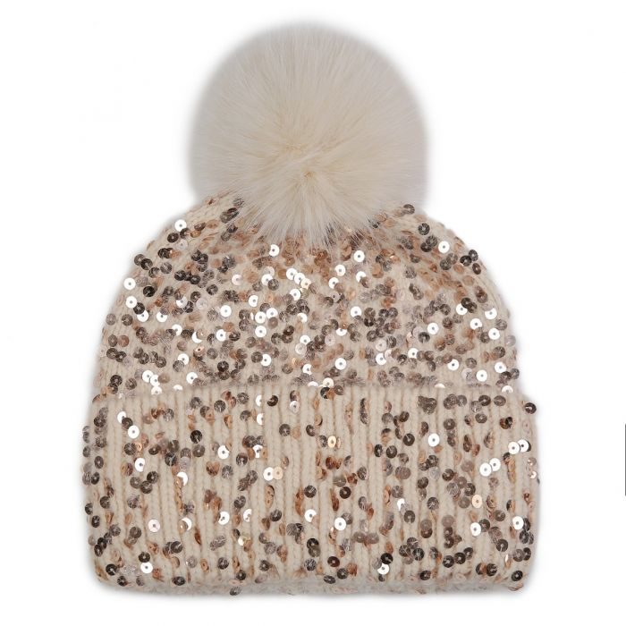 Cosy Sparkly Pom Pom Hat, Beige