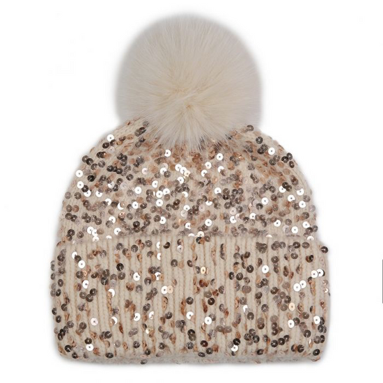 Cosy Sparkly Pom Pom Hat, Beige