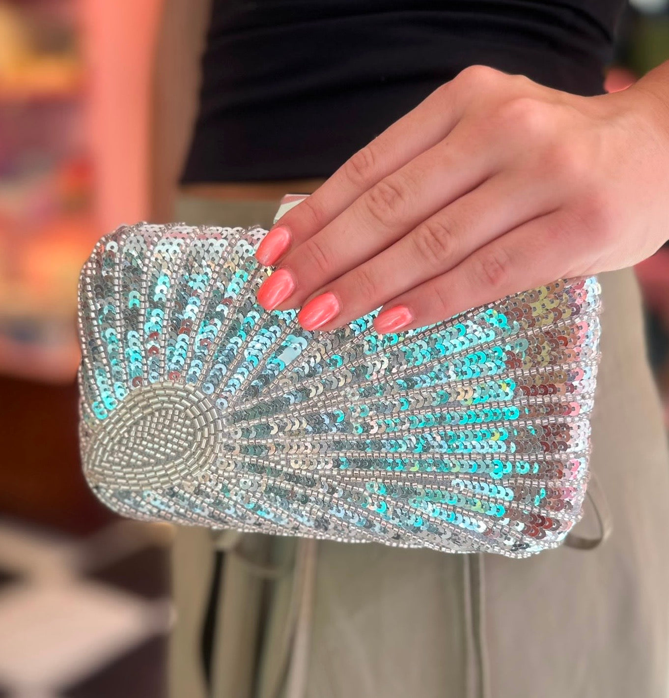 Denna Silver Sequin Clutch Bag