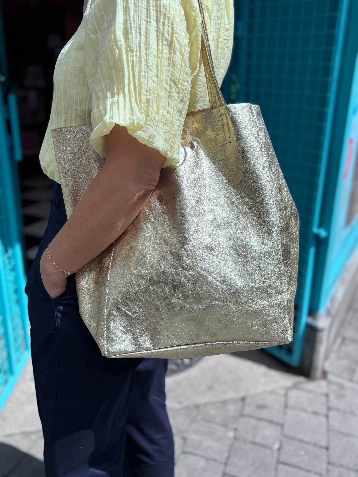 Babila Leather Tote Bag, Gold