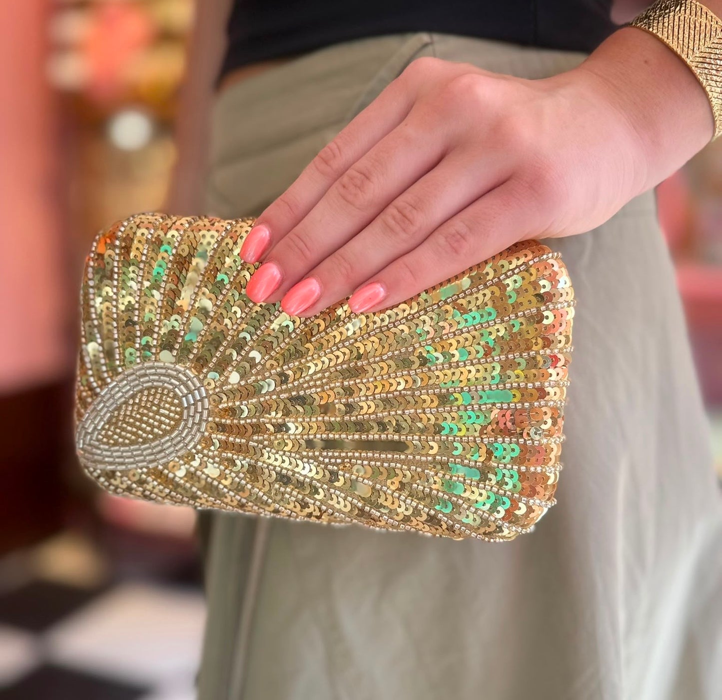 Denna Gold Sequin Clutch Bag