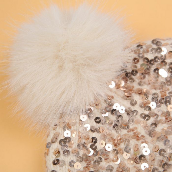 Cosy Sparkly Pom Pom Hat, Beige