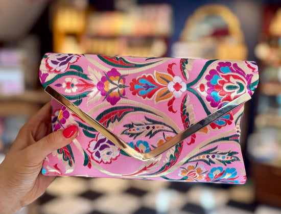 Embroidered Oriental Clutch, Pink