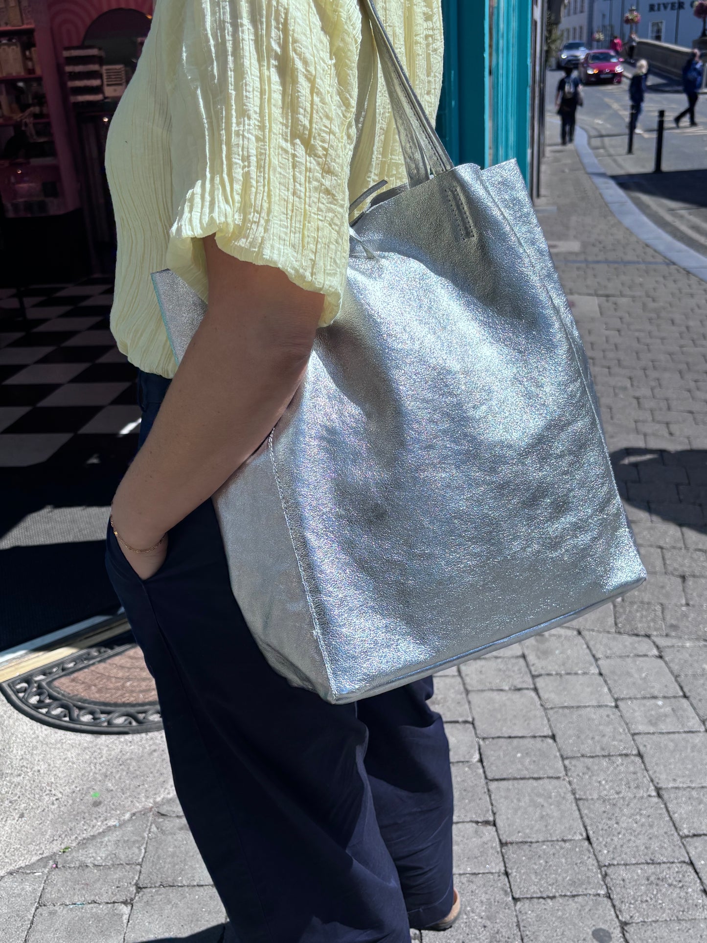Babila Leather Tote Bag, Silver