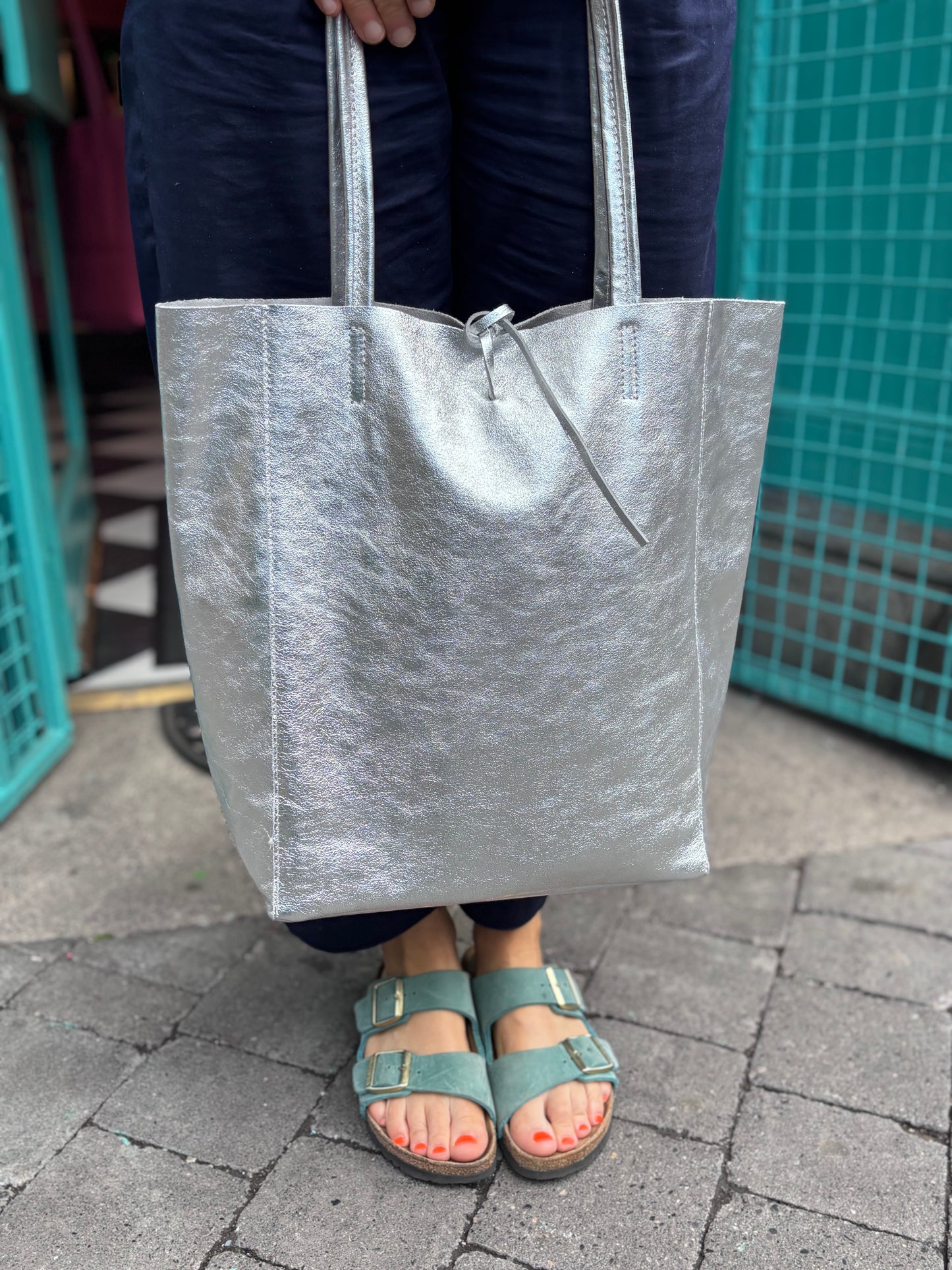 Babila Leather Tote Bag, Silver