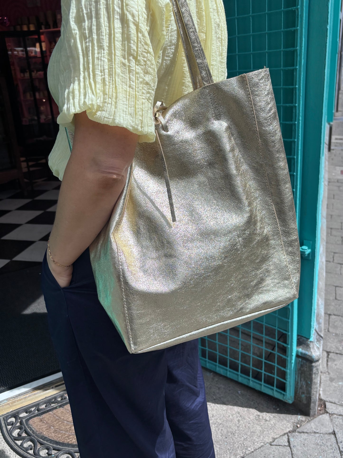 Babila Leather Tote Bag, Gold