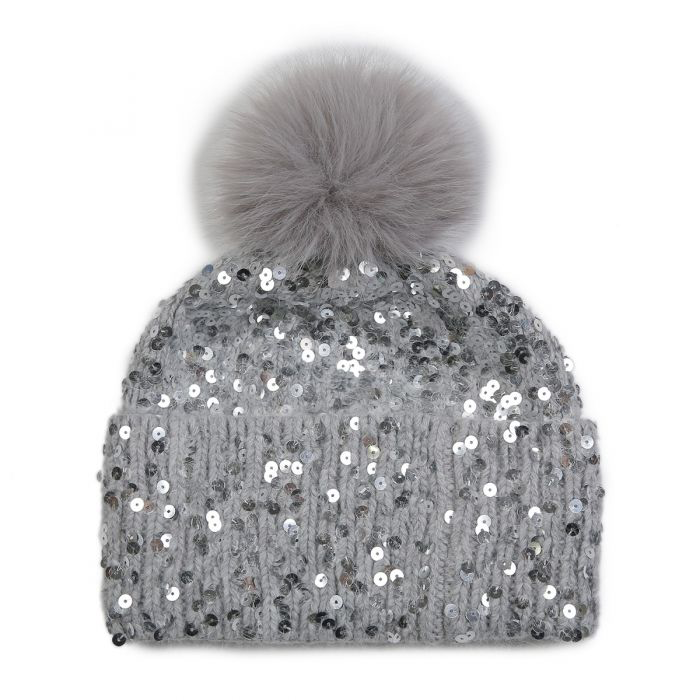 Cosy Sparkly Pom Pom Hat, Grey