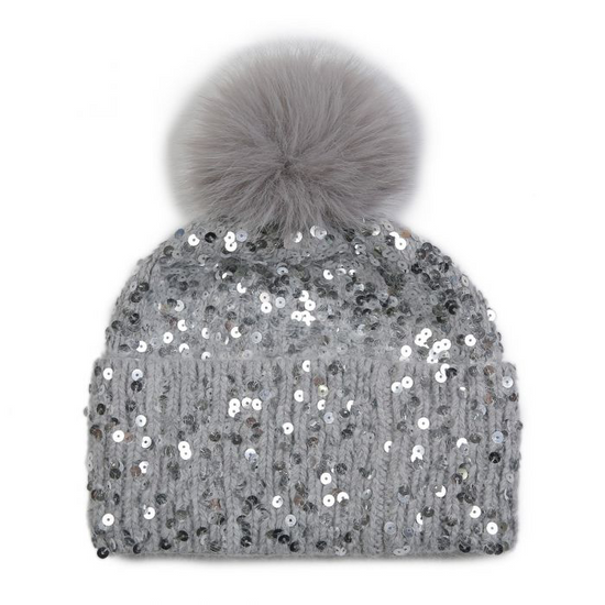 Cosy Sparkly Pom Pom Hat, Grey