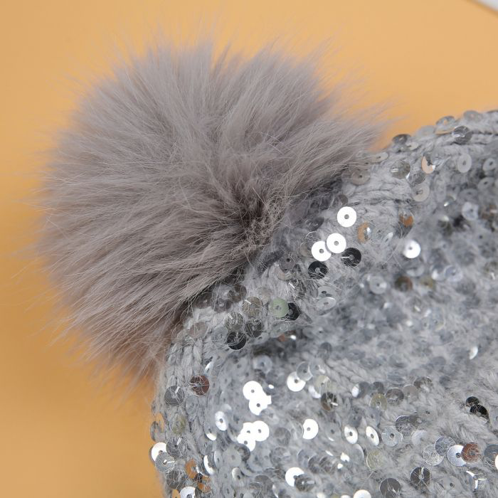 Cosy Sparkly Pom Pom Hat, Grey