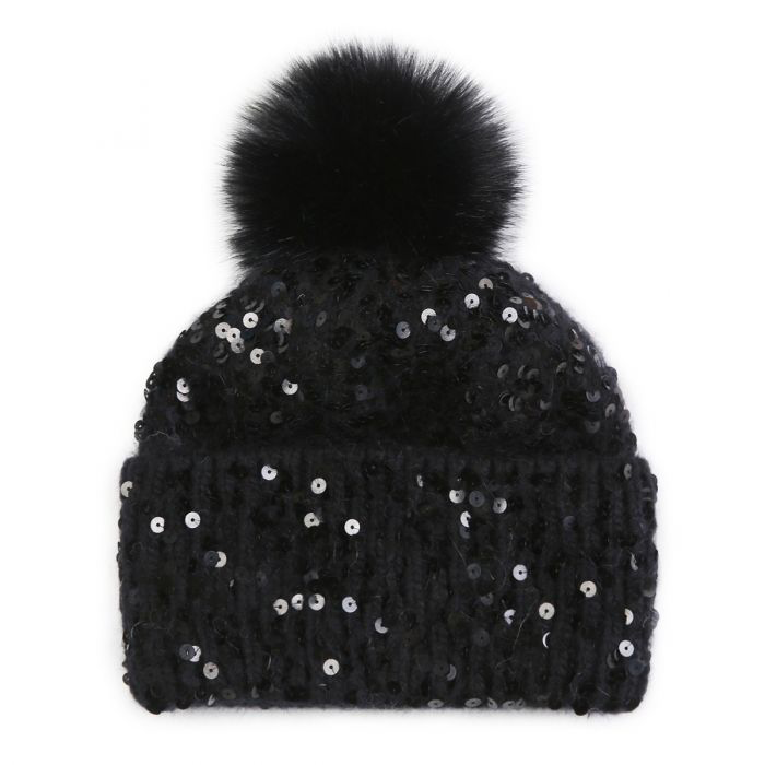 Cosy Sparkly Pom Pom Hat, Black