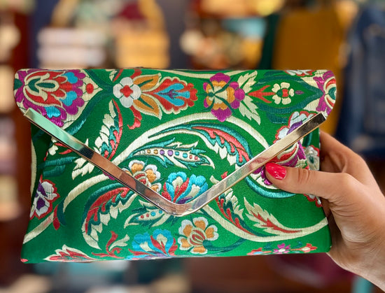 Embroidered Oriental Clutch, Green