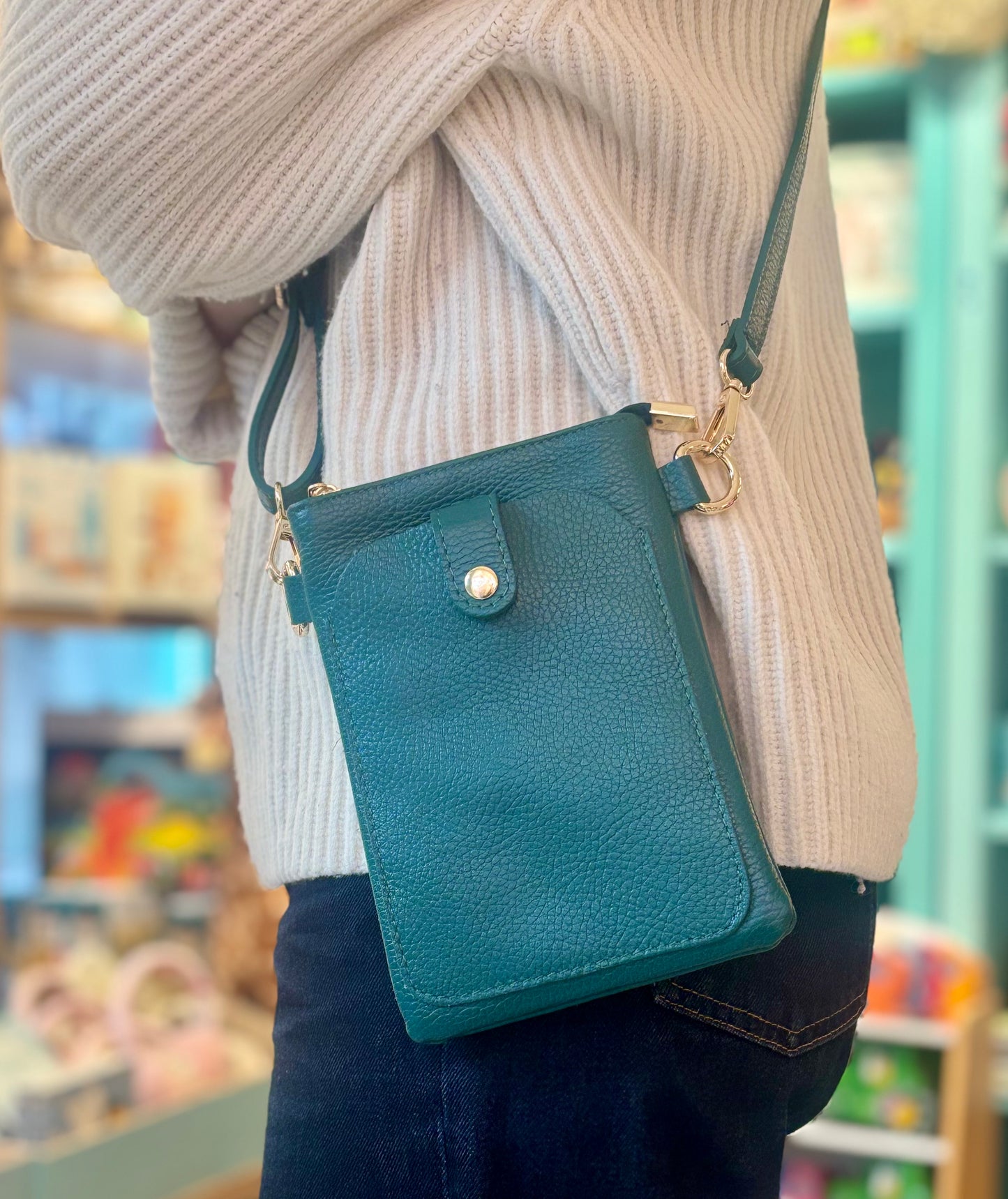 Rimini Leather Crossbody, Teal Green