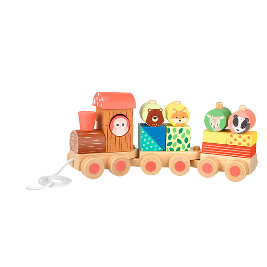 wooden puzzle train for young children painted with woodland characters. blocks can be removed and stacked and the train can be pulled along with a little cord.