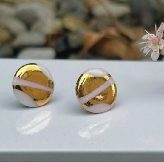 Gold And Pink Leaf Porcelain Stud Earrings