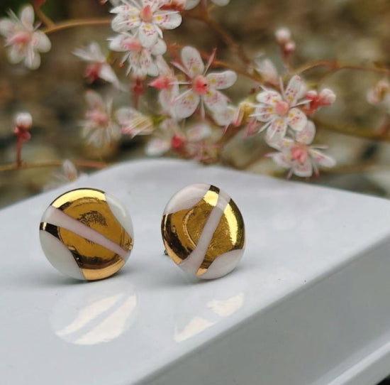Gold And Pink Leaf Porcelain Stud Earrings