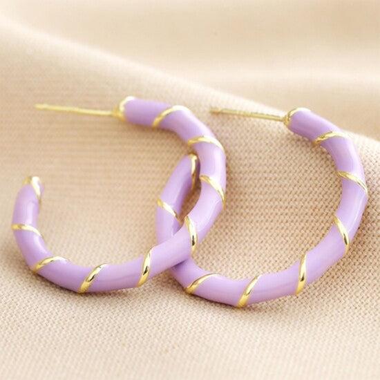 Lilac Enamel Rope Hoop Earrings In Gold