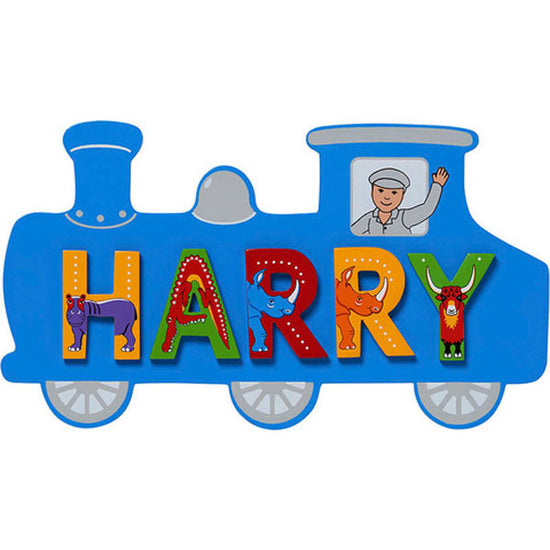 Load image into Gallery viewer, Wooden Baby Name Plaque - Short Blue Train
