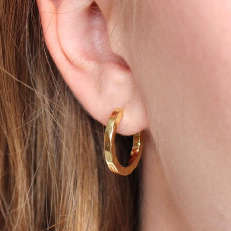 Load image into Gallery viewer, Small Hammered Gold Hoop Earrings Lifestyle
