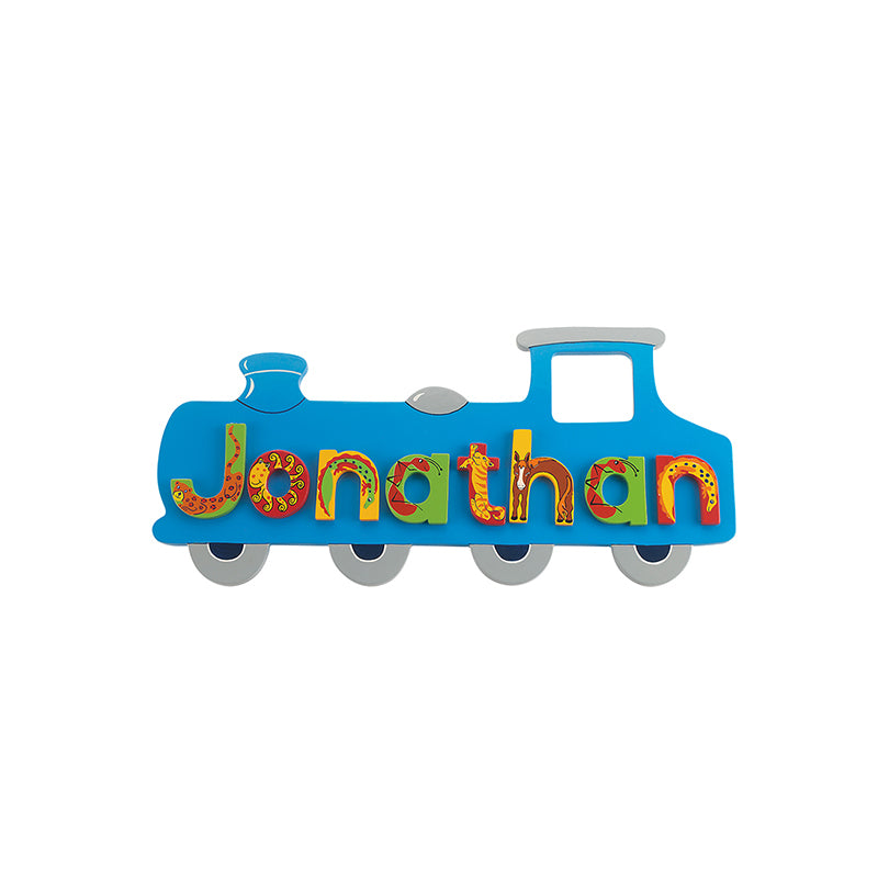 Wooden Baby Name Plaque - Blue Train