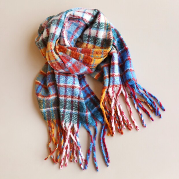 Mustard and Blue Colourful Check Winter Scarf