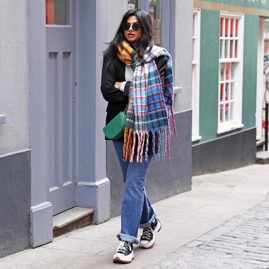 Mustard and Blue Colourful Check Winter Scarf